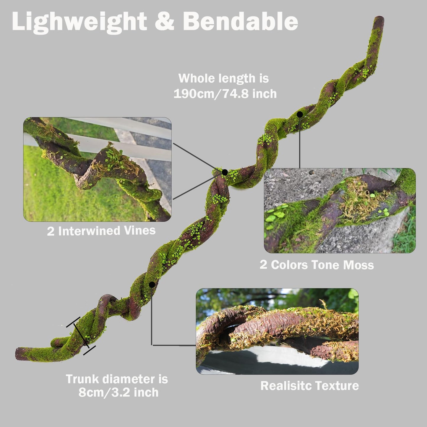 74.8inch Large Foam Bendable Twining Artificial Jungle Vines Thick Tree Trunk Greenery Willow Branches with Faux Moss Leaves for Backdrop Wall Ceiling Hanging Halloween Mantel Patio Haunted Decor