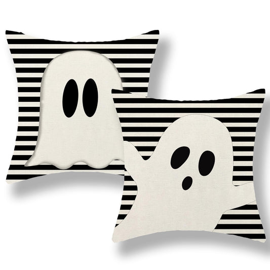 JEFERSO Halloween Pillow Covers 20x20 Set of 2 Black Stripes Cute White Ghost Throw Pillows Halloween Decorations Outdoor Pillowcase Halloween Home Decor Linen Farmhouse Cushion Case for Couch Sofa