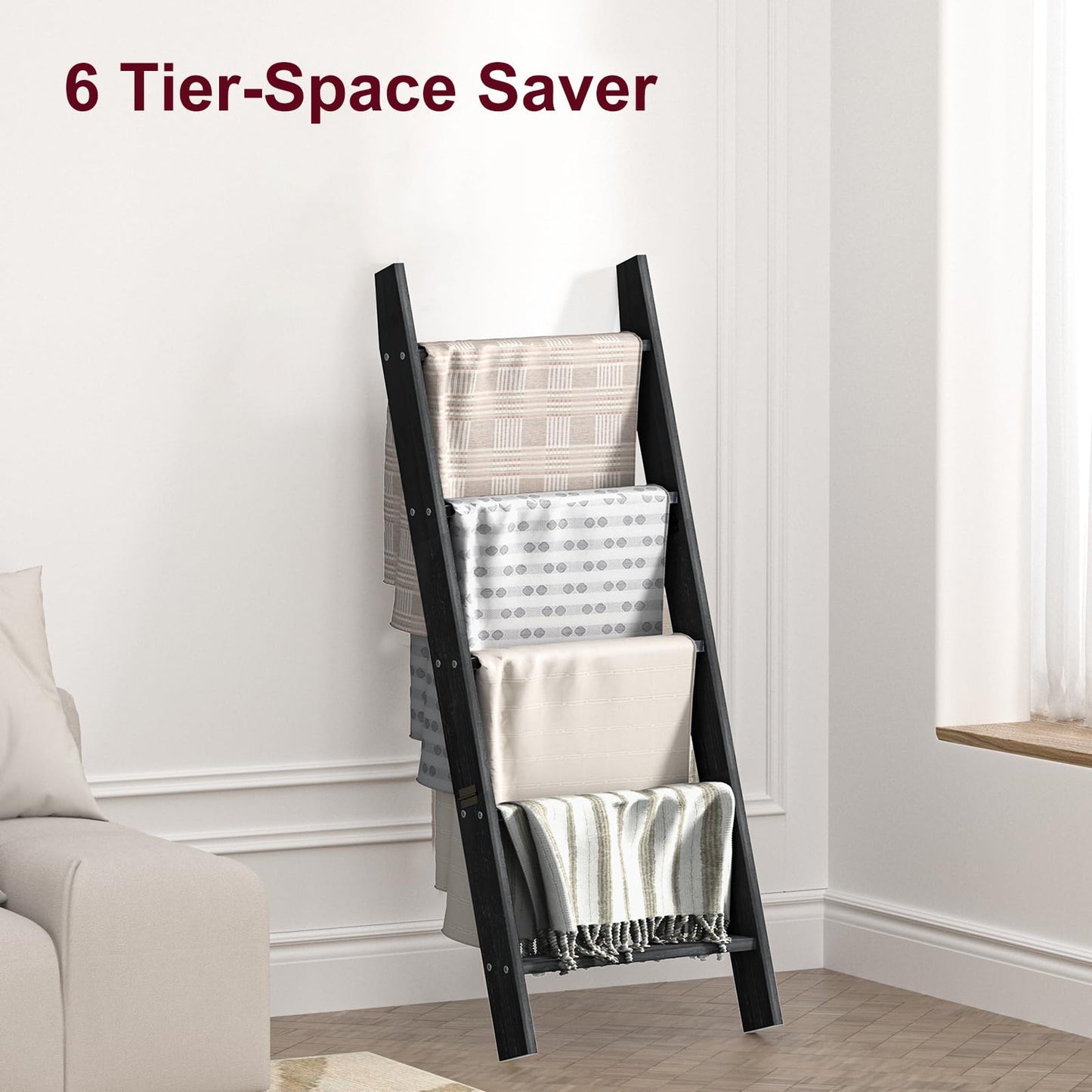 HONEST OUTFITTERS Blanket Ladders for The Living Room, 5-Tier Blanket Holder, Wall-Leaning Blanket Rack, Ladder Shelves, Wooden Quilt Ladder, Farmhouse Decor, Black