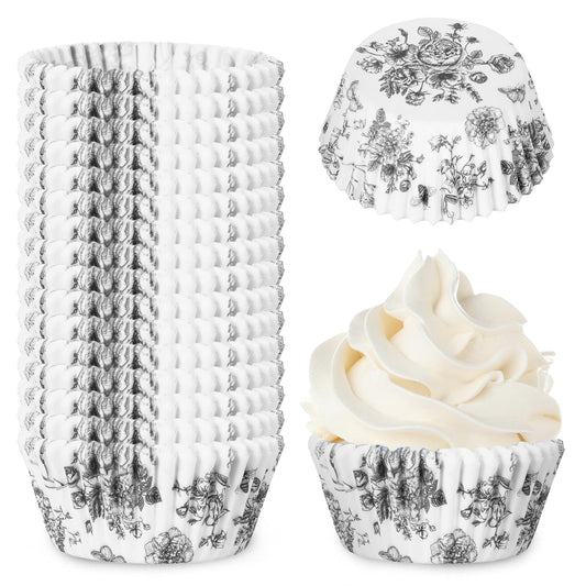JarThenaAMCS 600Pcs Black Floral Cupcake Liners Chinoiserie Flower Cupcake Wrappers Paper Disposable Decorative Muffin Brownie Cups for Baking Party Supplies
