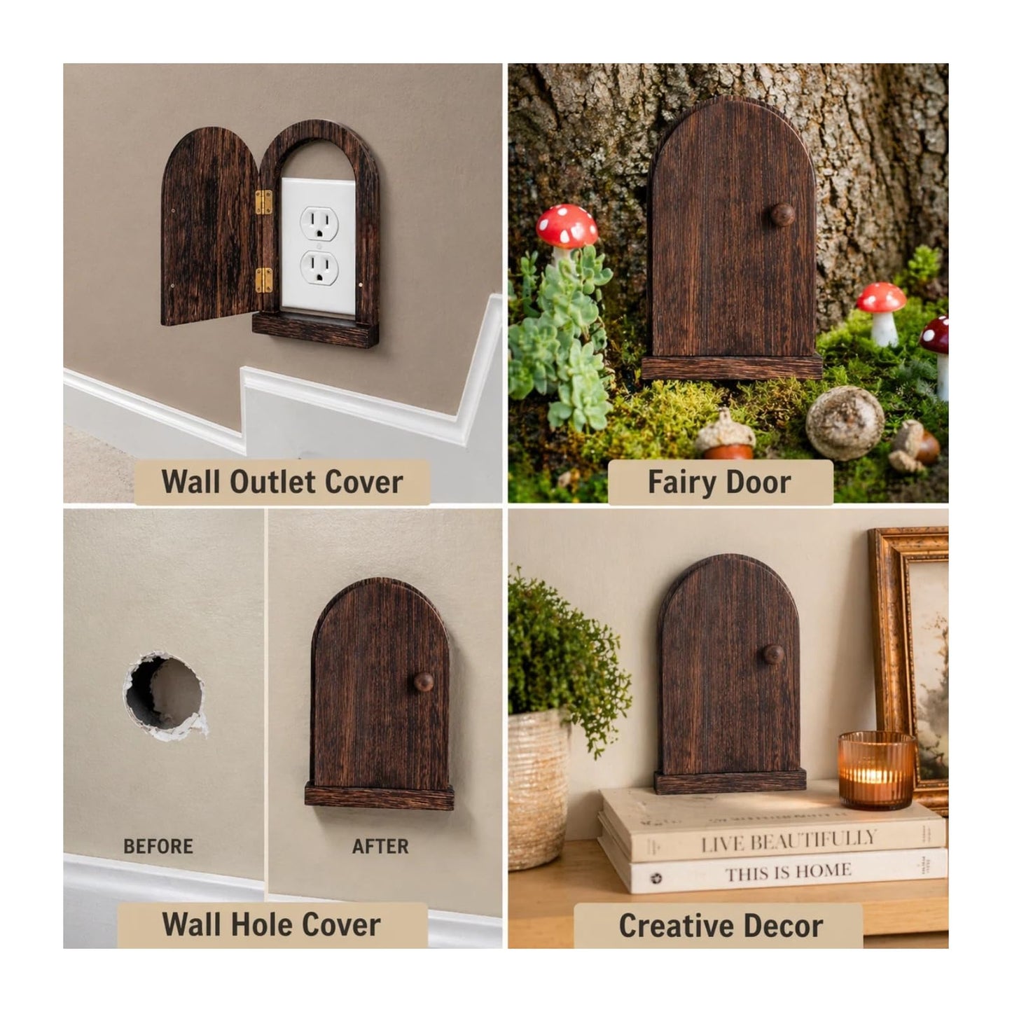 Upgraded Self-Adhesive Fairy Door Outlet Cover – Creative Wooden Cover that Conceals Wall Plates, Duplex Outlets, Switches, Stains & Wall Holes – Elf Door Wall Decor that Opens – 7.87'' Paulownia Wood