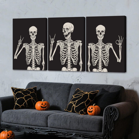 Pennimor 3Pcs Framed Skeleton Halloween Canvas Wall Art, 12x16in Horror Haunted Mansion Wood Wall Decor, Scary Dark Spooky Artwork Printing for Living Room Bathroom Bedroom Home Farmhouse Gothic Poster Decoration