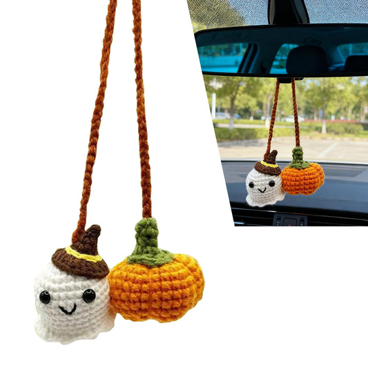 Zigeiya 2 PCS Rearview Mirror Hanging Ornament, Cute Crochet Ghost & Pumpkin Mirror Accessories, Funny Hand Knitted Swinging Car Charm, Universal for Most Cars SUVs (Multicolored)