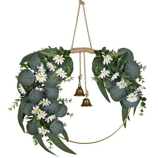 Kuabiz Spring Eucalyptus Wreath for Front Door 15.7" Artificial Spring Greenery Wreath with Olive Leaves Daisy Flower Summer Wreaths All Season for Farmhouse Porch Window Hanging Wall Home Decor