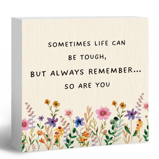 ANIANG Inspirational Wooden Box Sign, Motivational Desk Decor, Inspirational Gifts Office Desk for Women, Life Can Be Tough Wood Block Box Sign Plaque for Office Home Wall Shelf Decor