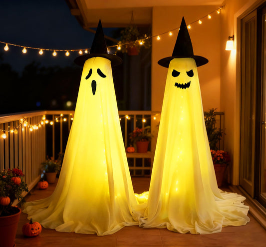 JEGERMIG Halloween Ghost LED Lights Decorations 2-Pack Indoor Outdoor Color Spooky Witch Hat Decor for Front Porch Yard Garden