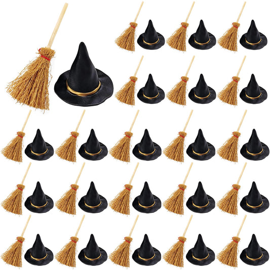 GXXMEI 50PCS/set Mini Witch Hat with Mini Broom Miniature Straw Brooms with Red Rope Plastic Witch Hats and Brooms for Halloween for Halloween Party Craft Witches Decoration Accessory