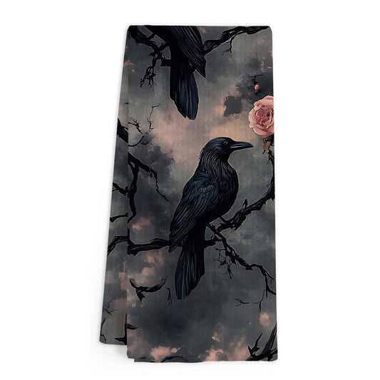 Gnmduw Dark Moody Raven Crow Kitchen Towels, Gothic Dark Academia Witchy Floral Hand Towels Decor, Vintage Aesthetic Pink Flower Rose Hand Dish Tea Towel for Kitchen Bathroom Decor, 16x24 Inch