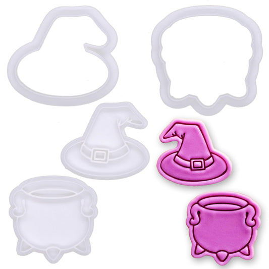 BAKERLOGY Wicked Brews Mini Cookie Cutter & Stamp Set (Witch Hat & Cauldron Designs) – Cute Halloween Fondant Embossing Stamp Cutters for Spooky Baking, Cupcake Toppers & Party Treats