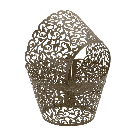HARFINGTON 50 Pcs Lace Cupcake Liners Standard Vine Designed Hollow Out Cupcake Wraps Artistic Bake Cake Paper Cups for Anniversary Birthday Weddings Parties, Dark Brown