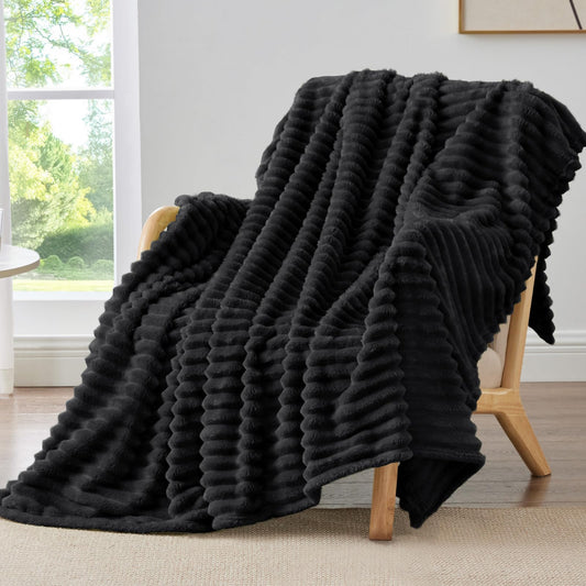 BEDELITE Fleece Black Throw Blanket for Couch - 300GSM Soft & Warm Fluffy Black Blanket, Decorative and Giftable Striped Blankets for Women, Men, 50"x60"