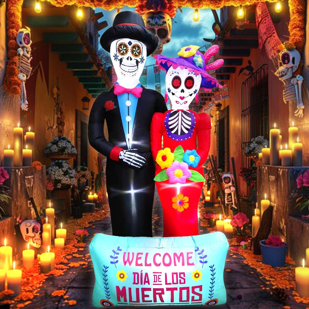 Dia De Los Muertos Decoration, 6 FT Halloween Inflatables Décor Day of The Dead Spooky Sugar Skull Couple, Blow Up Yard Decorations with Built-in LED for Outdoor Garden, Lawn