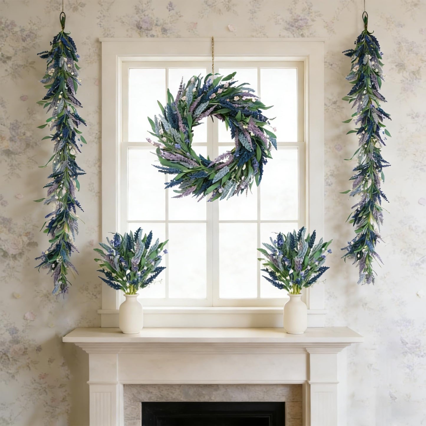 TEMPUS Artificial Lavender Garland 70 Inch | Faux Purple Flowers with Willow Leaves | Spring Wreath for Wedding Arch, Table Runner, Mantle Decor | Farmhouse Home Decorations