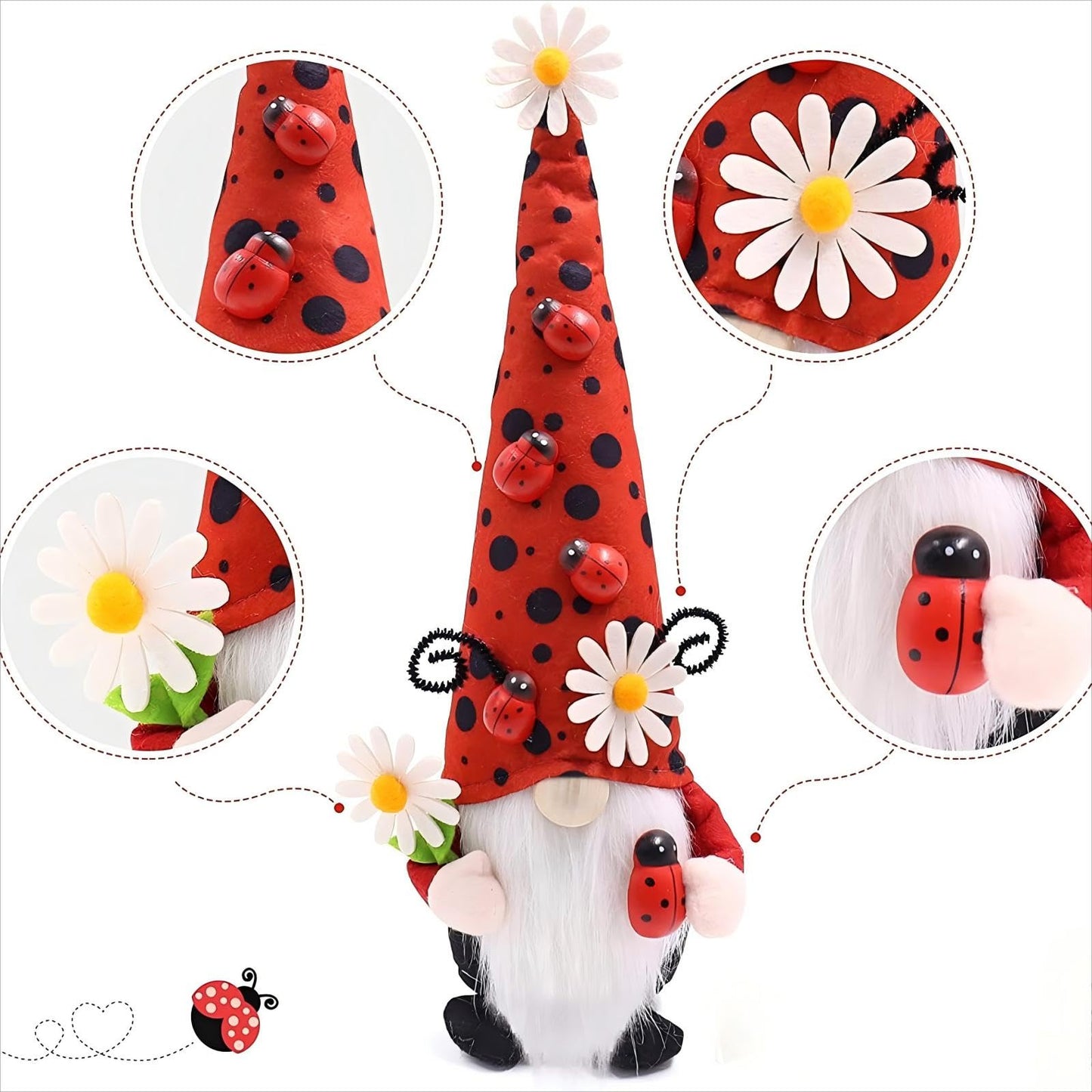Gwindrise Small Ladybug Gnome Plush, Spring Summer Home Decor, Red Polka Dot Hat with Daisies, White Beard, Ideal Kitchen or Tiered Tray Summer Display