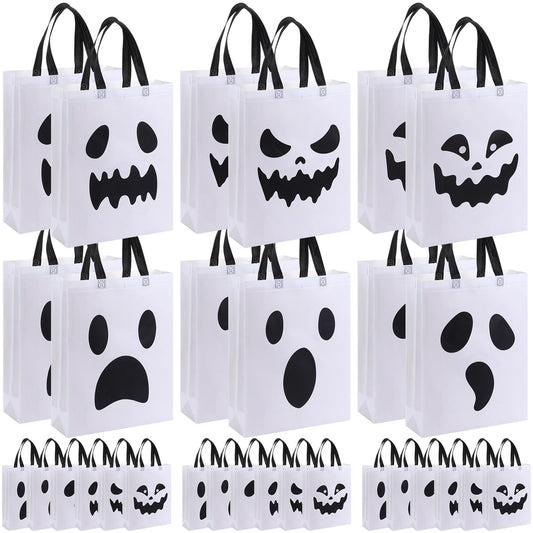 Sanwuta 24 Pcs Halloween Tote Gift Bags 14.9 x 11.8 Large Treat or Trick Ghost Reusable Non Woven Candy Goodies Bags for Halloween