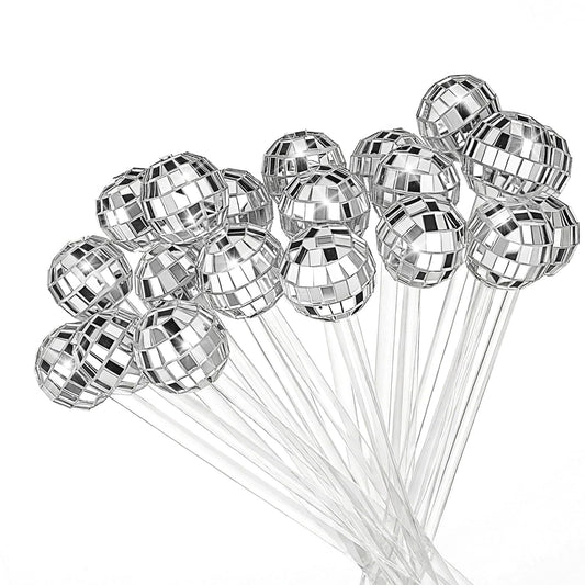 72 Pcs Disco Balls Cocktail Stirrers, Plastic Round Top Swizzle Sticks Mirror Disco Ball Stir Sticks Decorative Straws Drink Stirrers for 70s 80s Theme Party, Home Bar, Coffee Shop, Wedding (Silver)