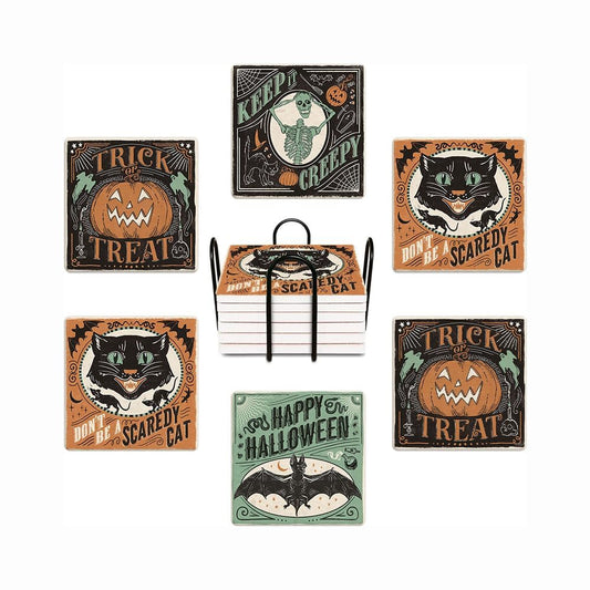 6Pcs Coasters with Metal Holder, Vintage Green Black Halloween Absorbent Square Ceramic Stone Mat Coaster, Drink Coasters Cup Mats for Bar Party Home Office Table Decor Warming Gift