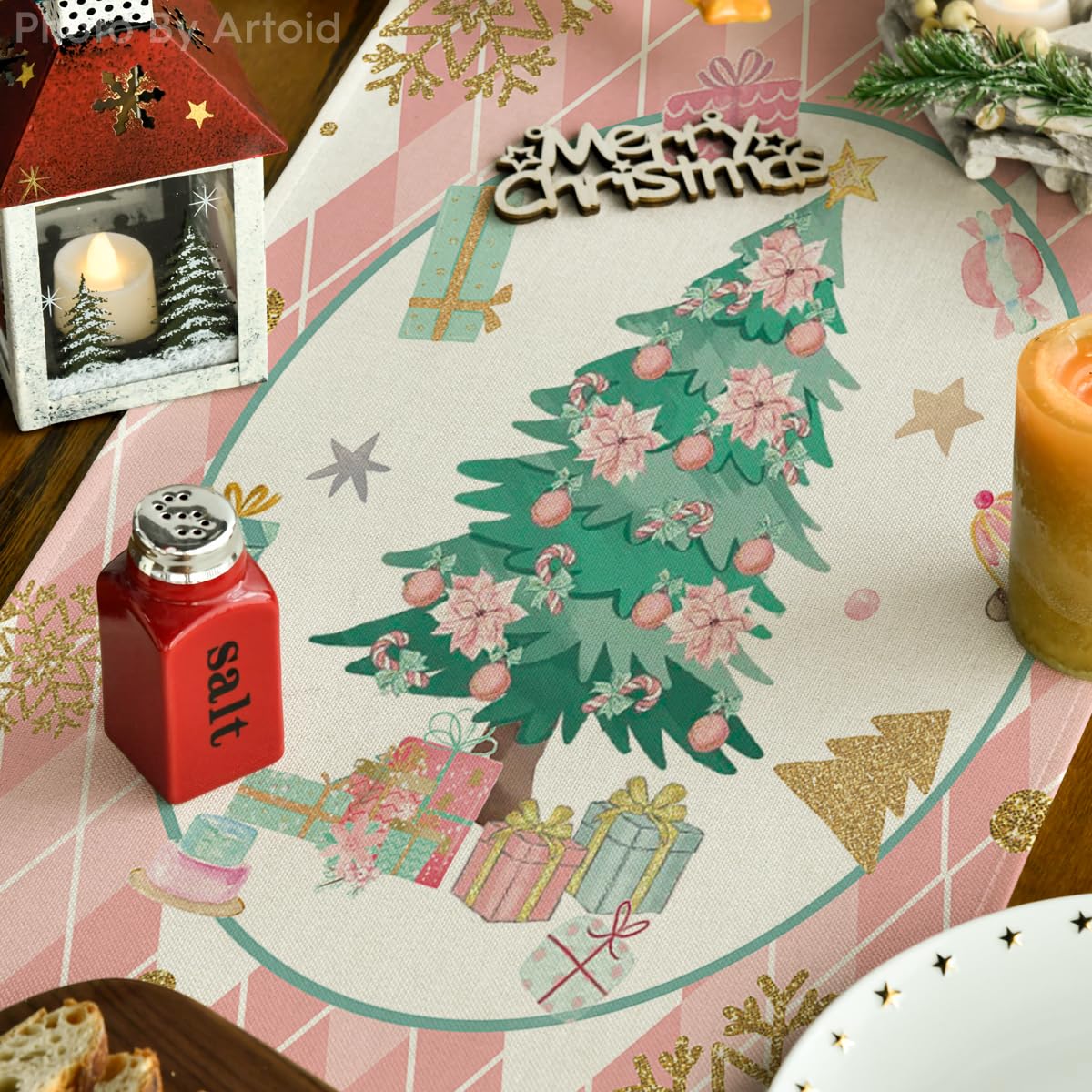 Artoid Mode Pink Diamond Plaid Nutcracker Snowflake Christmas Table Runner, Seasonal Winter Kitchen Dining Table Decoration for Home Party Decor 13x72 Inch