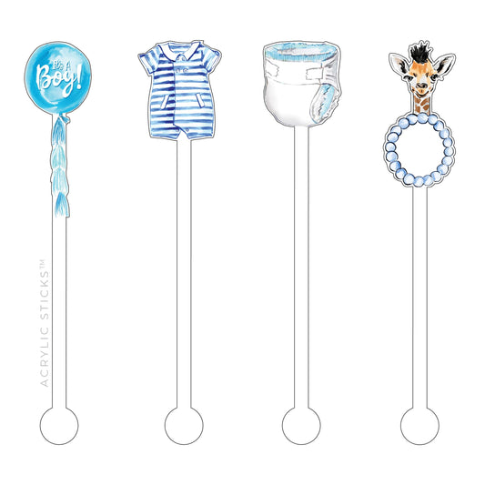 Acrylic Sticks Co. IT'S A BOY ACRYLIC STIR STICKS 4PC COMBO PACK, Decorative Stir Sticks for Cocktails, Acrylic, Washable & Reusable, BPA Free, 6.25"