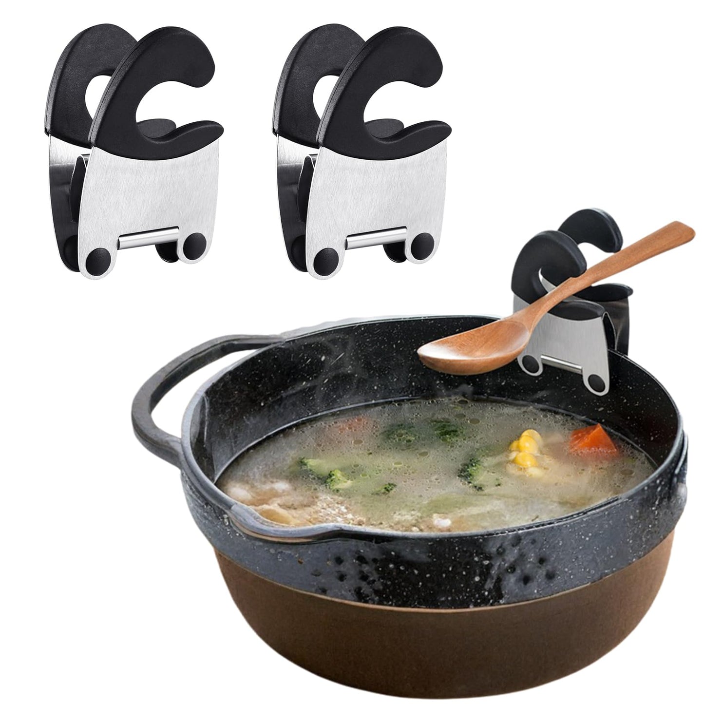 DOITOOL 2pcs Pot Clip Holder Utensil Pot Clip Spoon Rest Stainless Steel Kitchen Gadget for Restaurant Home Utensil Rest (Black)