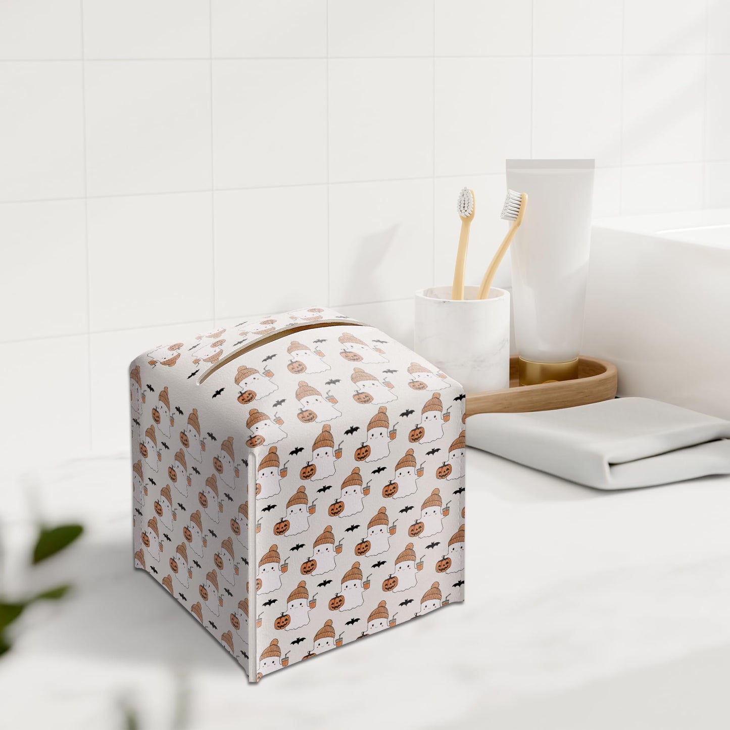 Halloween Tissue Box Holder, Cute Ghost Leather Tissue Box Cover Square, Halloween Facial Paper Organizer Dispenser Toilet Paper Holder for Bathroom Kitchen Office Home Decor-A07