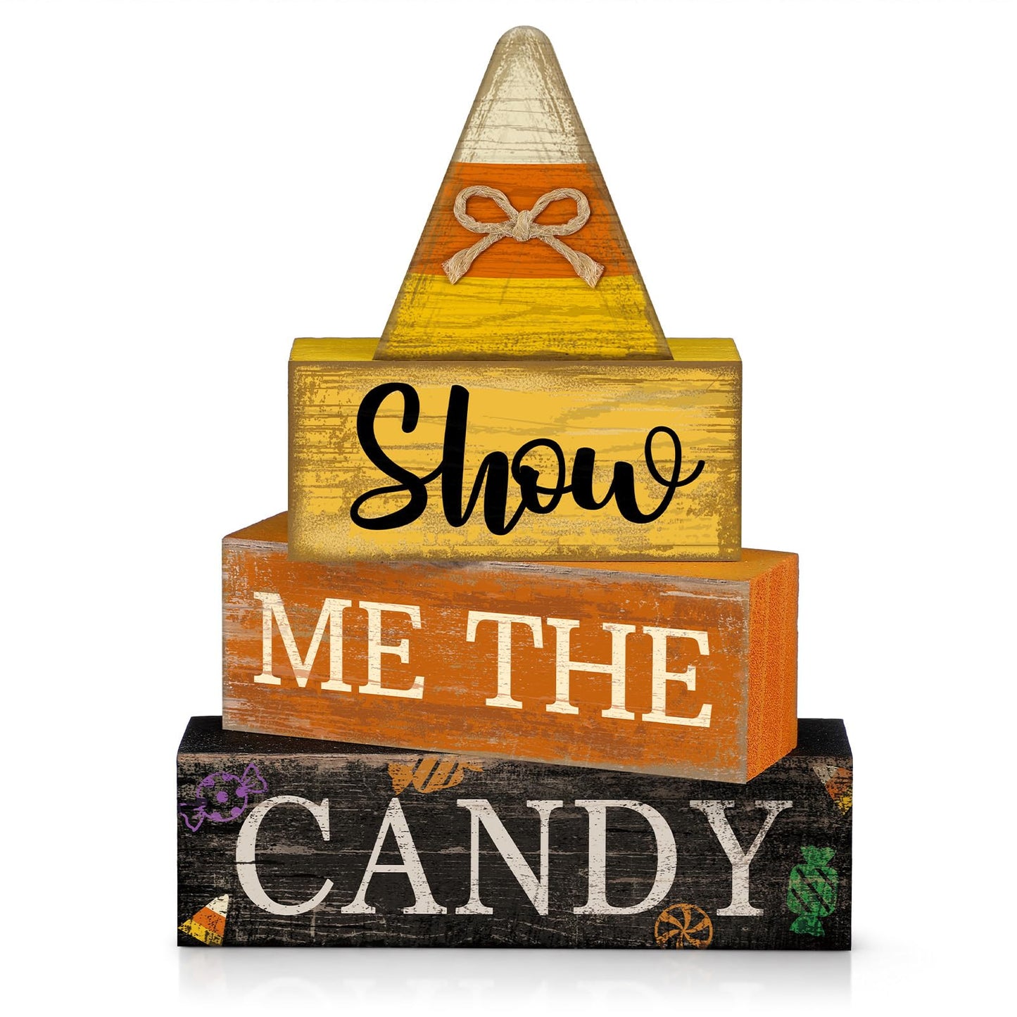 Lineshading 4 Pcs Halloween Table Decoration Candy Corn Wooden Stacked Block, "Show Me the Candy" Signs with Candys Corn Topper, Halloween Tiered Tray Decor Rustic Fall Decor for Home Office Kitchen