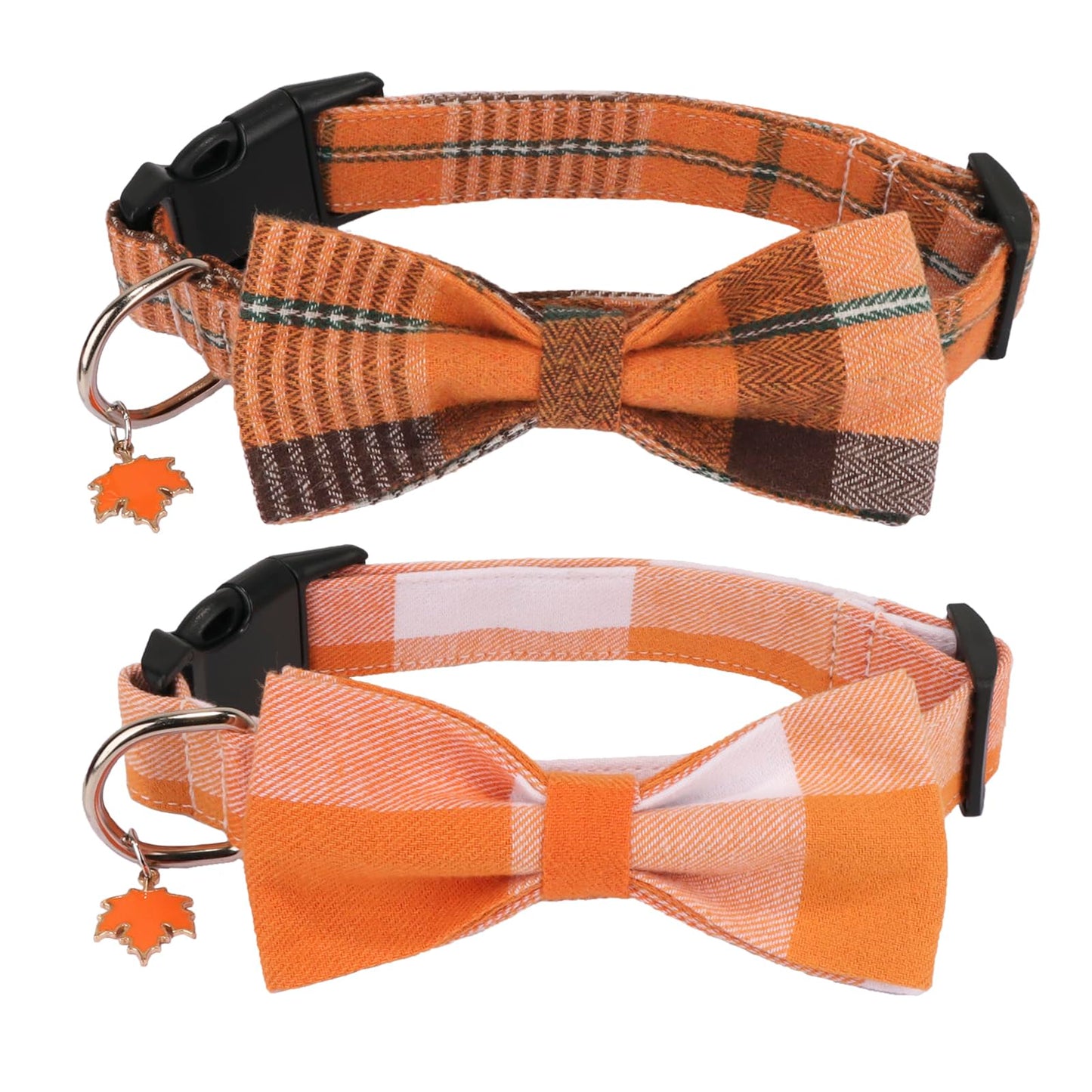 PTDECOR Fall Dog Collar with Bow, Halloween Thanksgiving Bowtie Collar, Adjustable Cotton Yellow Orange Plaid Bowtie Collars for Medium Dogs Pets (Medium)