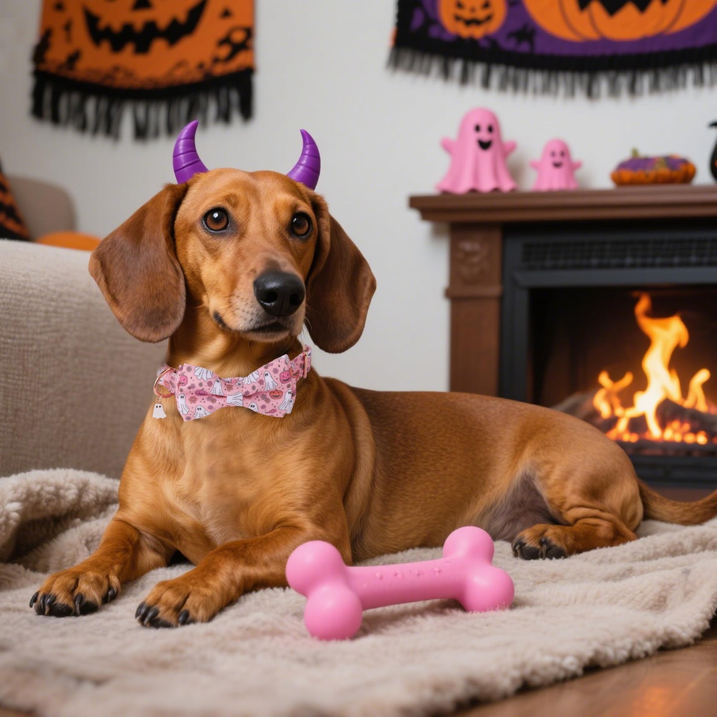 ADOGGYGO Halloween Dog Collar with Bow, Detachable Pink Ghost Pumpkin Bowtie, Metal Buckle, Adjustable Pink Halloween Collars for Medium Dogs Girl (Medium)