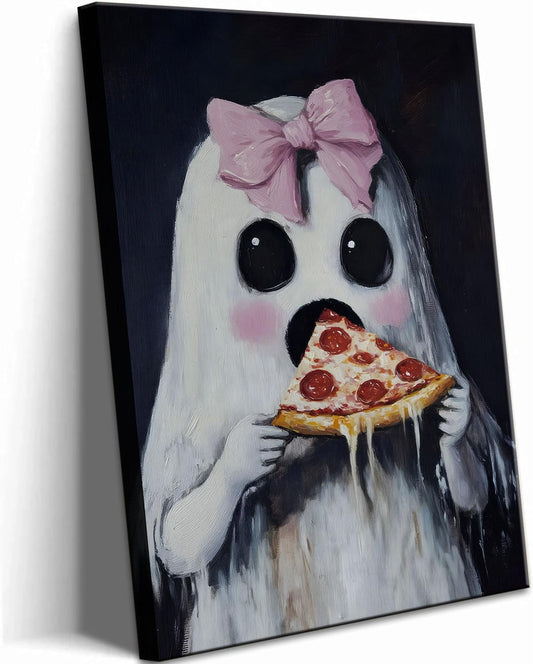 Ghost Wall Art Cute Ghost with Pink Bow Eating Pizza Prints Gothic Spooky Halloween Posters Girly Bedroom Dorm Wall Decor Pictures 12x16in