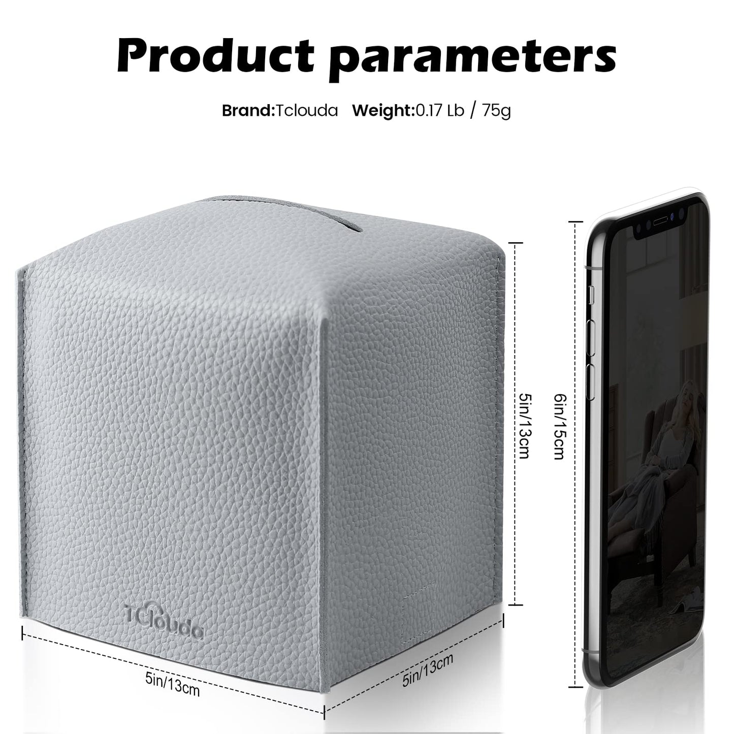 Tissue Box Cover, Tclouda, Modern PU Leather Square Tissue Box Holder for Creative Decorative, 2 Pack, Ideal for Bathrooms/Office/Car/Nightstand/Outdoor Tent/Dining Table, 5"X5"X5", Double Gray
