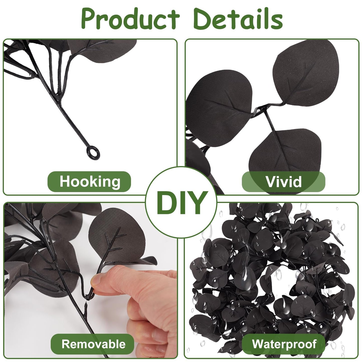 ZeKonan 2 Pack Artificial Eucalyptus Garland, 5.91FT Faux Black Eucalyptus Leaves Vines for Wedding Arch, Table Centerpiece, Wall Decor, Indoor Outdoor Party Fireplace Backdrop Halloween Decoration