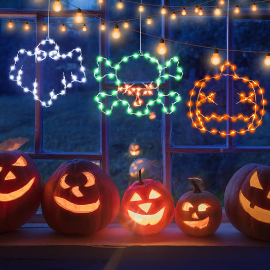 Veeydrut Halloween Decorations Lights 3 Packs, USB or Battery Powered Halloween Ghost Skeleton Skull Decor String Lights, 8 Modes Remote Control with Timer, Outdoor Indoor Home Party Gift