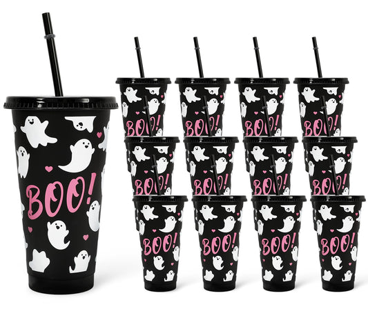 JarThenaAMCS 12Pcs Halloween Plastic Cups with Straw and Lid Cute Ghost Tumbler 24oz Boo Plastic Cups for Cold Drinks Halloween Decoration Party Favors