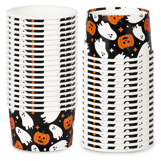 JarThenaAMCS 50Pcs Halloween Treat Snack Cups 8oz Pumpkin Ghost Ice Cream Bowl Spooky Disposable Paper Bowls for Hot Cold Food Halloween Decorations