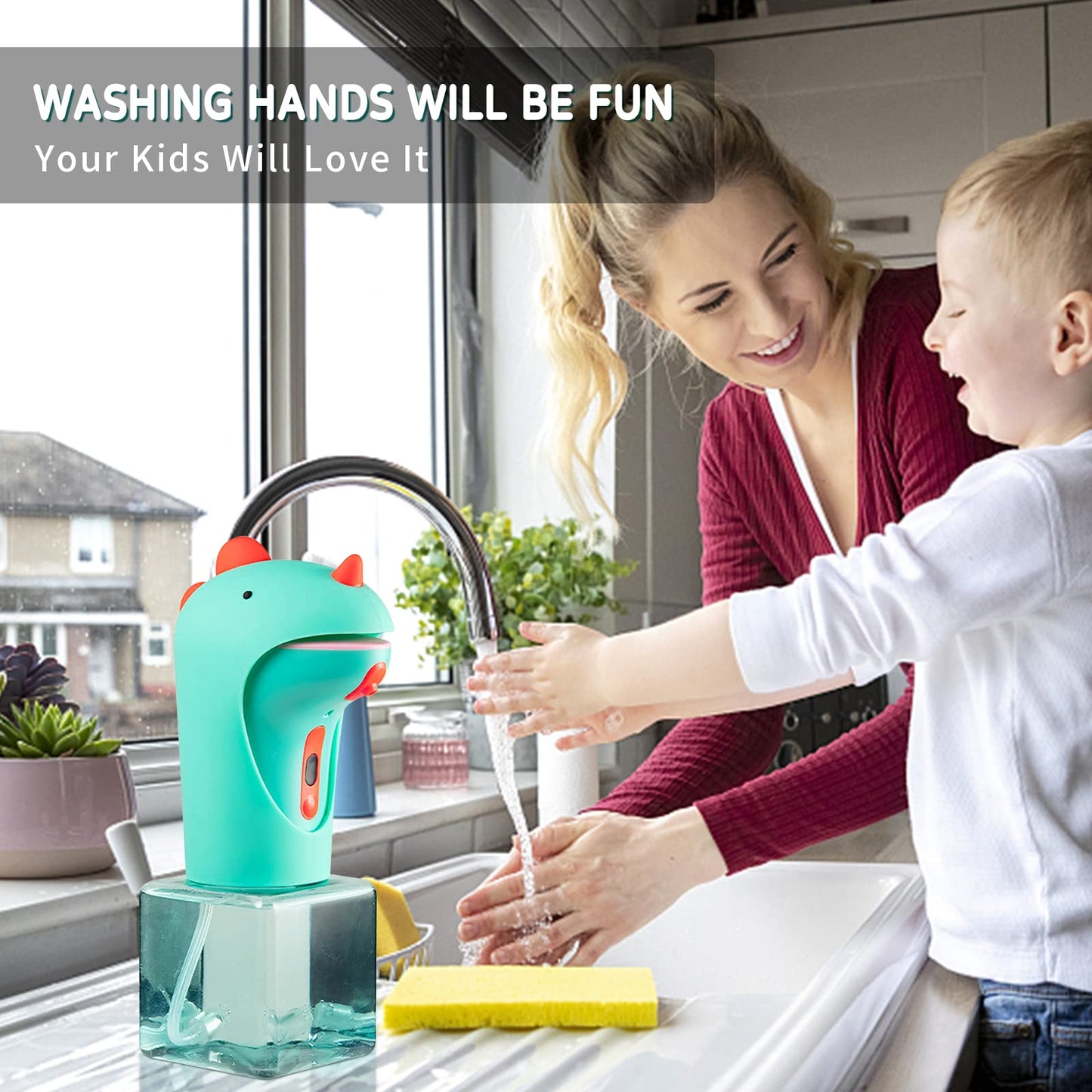 CADUFUELLY Automatic Soap Dispenser, Cute Touchless Foaming Soap Dispenser, IPX6 Waterproof, 2 Levels Foam Adjustable, Smart Hand Dispenser for Bathroom Kitchen 8.7oz/250ml (Dinosaur)