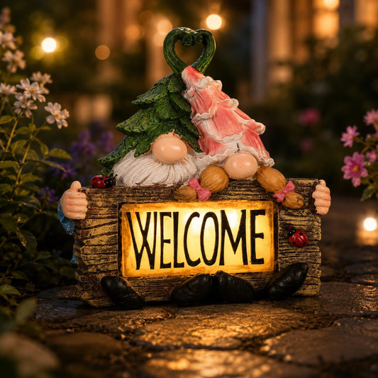 Garden Gnome Statue with LED Lights,7.5 Inch Resin Couple Gnome Figurine with Heart Topper & Welcome Sign,Outdoor Garden Decor for Patio,Lawn,Yard,Ideal Gift for Garden & Gnome Lovers (Green)