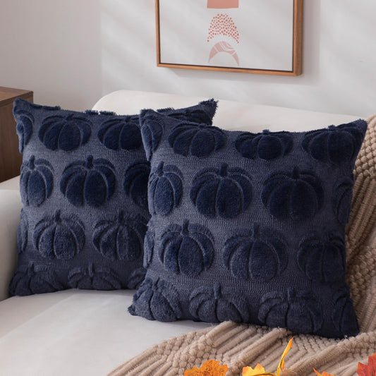 DFXSZ Fall Pillow Covers 18x18 Set of 2 Fall Decorations Autumn Navy blue Pumpkin Throw Pillow Cases Soft Plush Faux Fur Wool Couch Cushion Case for Chair Sofa Bedroom Living Room Home Decor PTK012E18