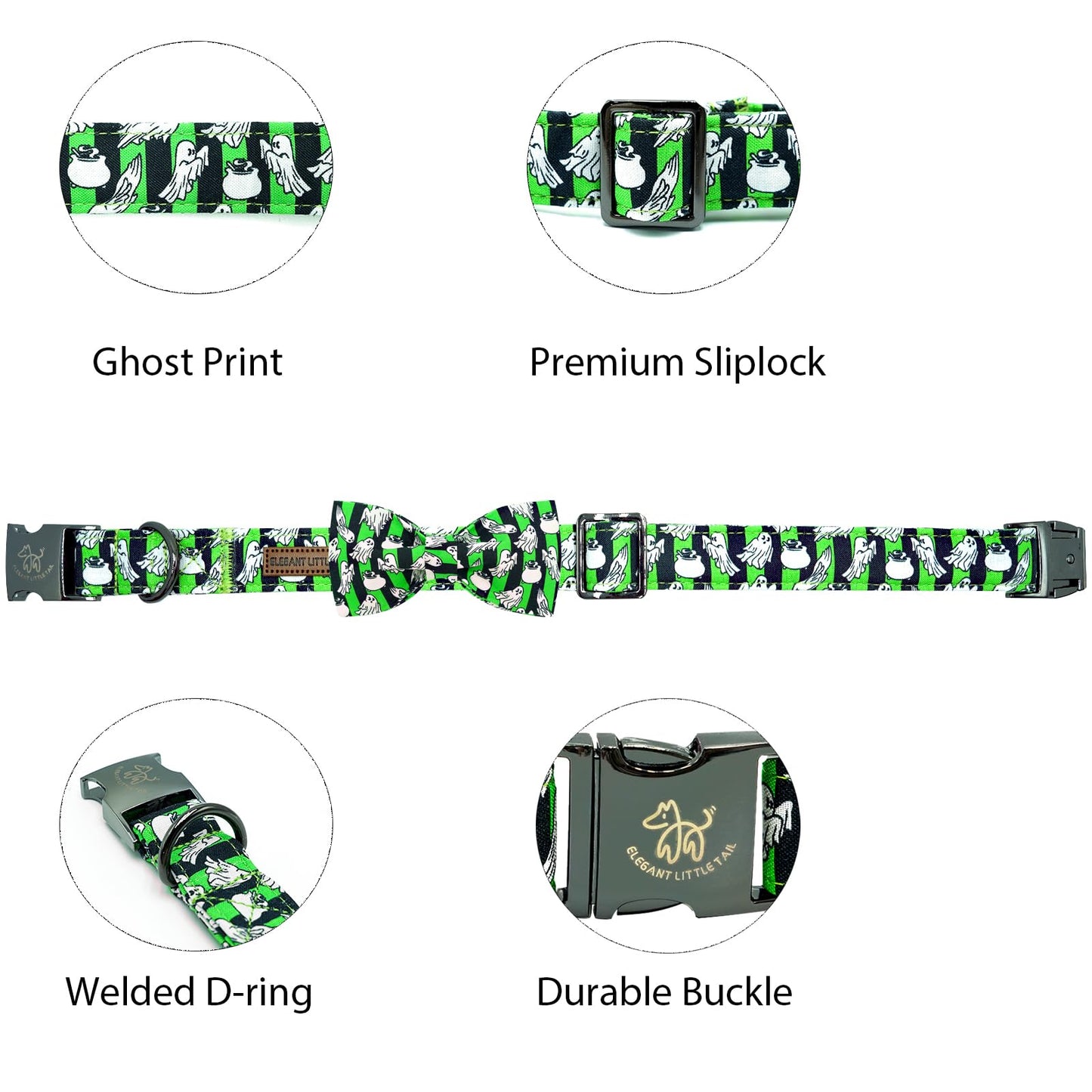 Elegant little tail Fall Dog Collar, Halloween Dog Collar Ghosts Pet Collars with Bowtie Metal Buckle Cotton Puppy Girls Boys Adjustable Pet Collars for Medium Dogs