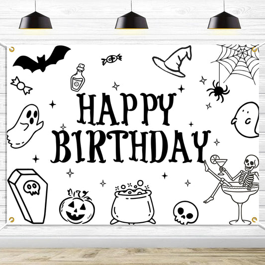 Halloween Happy Birthday Backdrop, Ghost Bat Pumpkin Skull Witch Birthday Party Decorations Halloween Themed Birthday Party Photo Background, 7 * 5Ft