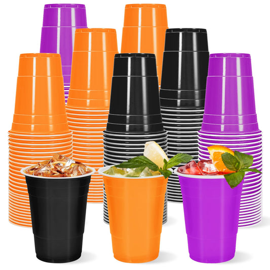Whaline 60Pcs Halloween Plastic Cups 16oz Black Purple Orange Plastic Cups Colored Disposable Cup for Halloween Birthday Party Supplies