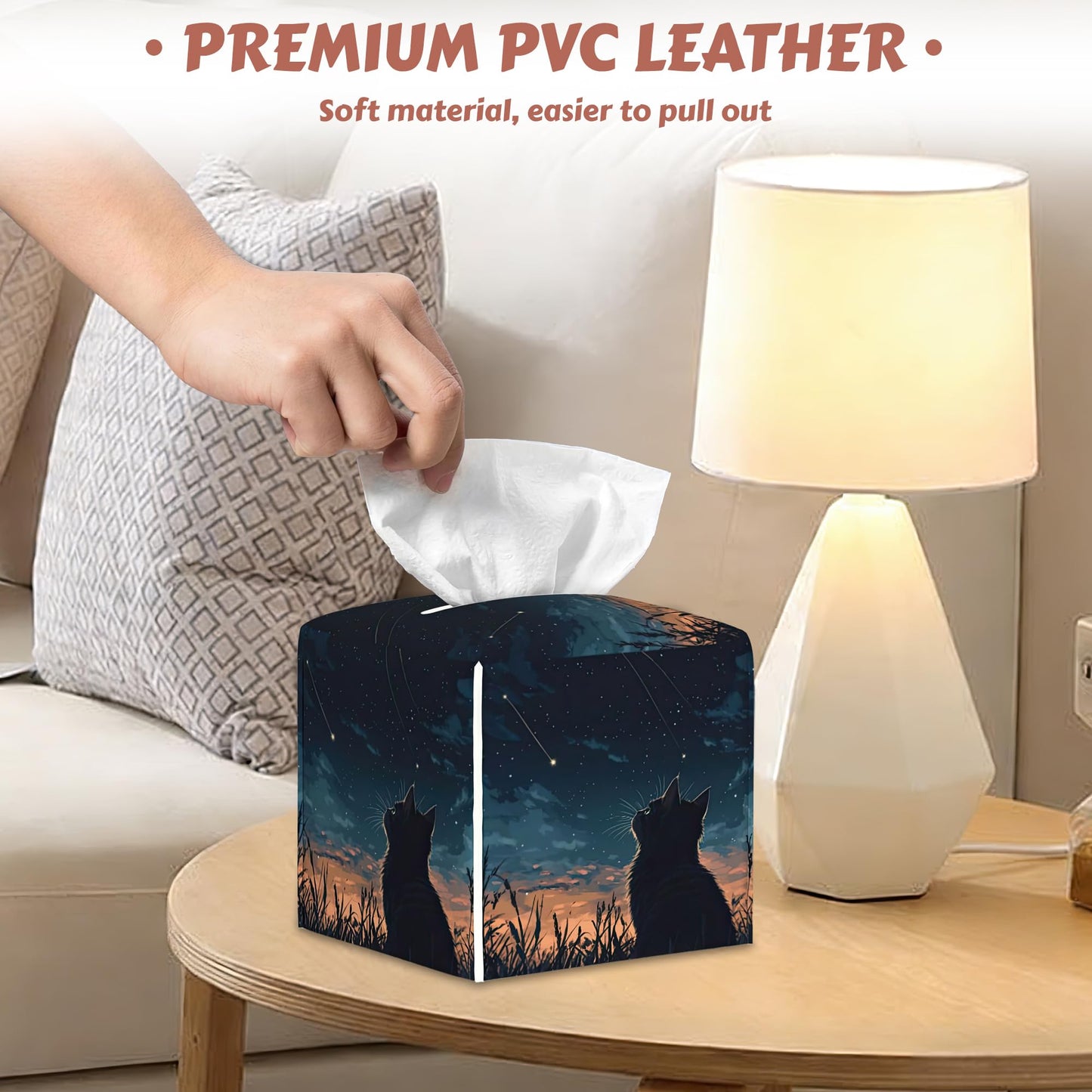 Starry Night Sky Cat Tissue Box Holder, Leather Tissue Box Cover Square, Paper Facial Decorative Tissues Cover for Bathroom Home Car Nightstand Vanity Desk, 2 Pcs