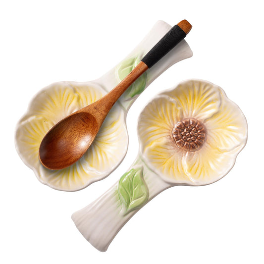 2 Pack Flower Ceramic Spoon Rest, Cute Spoon Holder for Stove Top & Kitchen Counter, Cooking Utensil Ladle Spatula Rest, Kitchen Decor, Ideal Housewarming & Birthday Gift