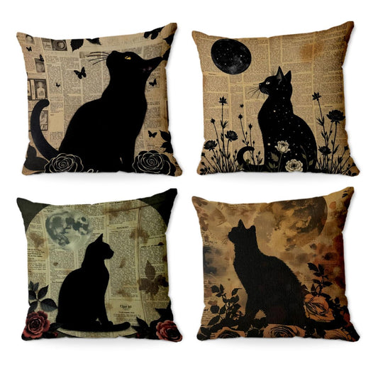 BQXH 4Pcs Vintage Cat Decorative Pillow Covers, Cats Decor Halloween Moon Cat Throw Pillow Square Cushion Covers 18x18 inch Nursery Living Room Home Decor for Car Bed Couch