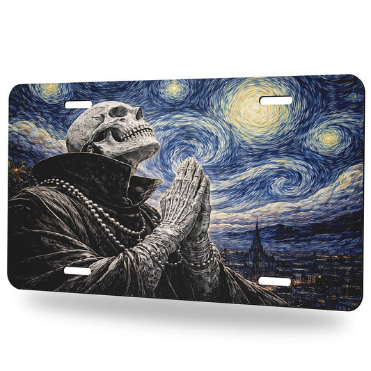 Skeleton Front License Plate Starry Night Sky Car Decorative License Plates Aluminum Metal Accessory Novelty Vanity Tag Cover with 4 Holes for Men Women 6" X 12"