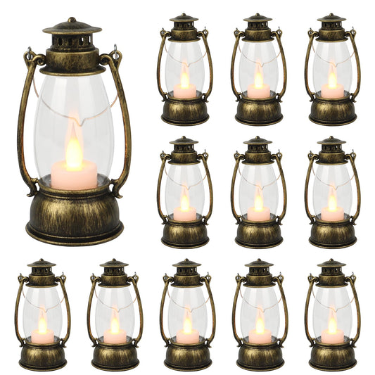 Reperla 12Pcs Mini Lantern for Halloween Decor, 6Inch Small Lanterns for Western Garden Camping Party Decorations, Vintage Candleholders Table Centerpiece, Forest Christmas Wedding Decorations (Brass)