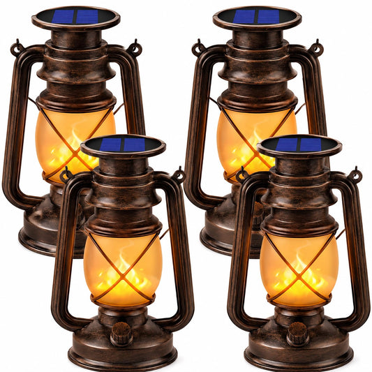 Solar Lanterns Outdoor 4 Pack, Flickering Flame LED Hanging Solar Lights with Handle, Vintage Bronze Solar Powered Lanterns for Patio Porch Garden Yard Pathway Table Camping Halloween Christmas Decor