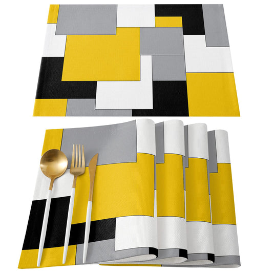 Futuregrace Abstract Art Placemats Set of 6,Non Slip Washable Farmhouse Table Mats Set, Black and Yellow Table Placemats for Kitchen Dining Table,Wedding Holiday Party Decoration