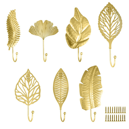 IUMLXJO 7pcs Leaves Wall Hooks for Hanging Heavy Duty, Gold Iron Decorative Hooks for Coat Towel Hat Wall Mount Hangers Racks for Bathroom, Kitchen, Door, Wardrobe, Farmhouse (Include Screws)