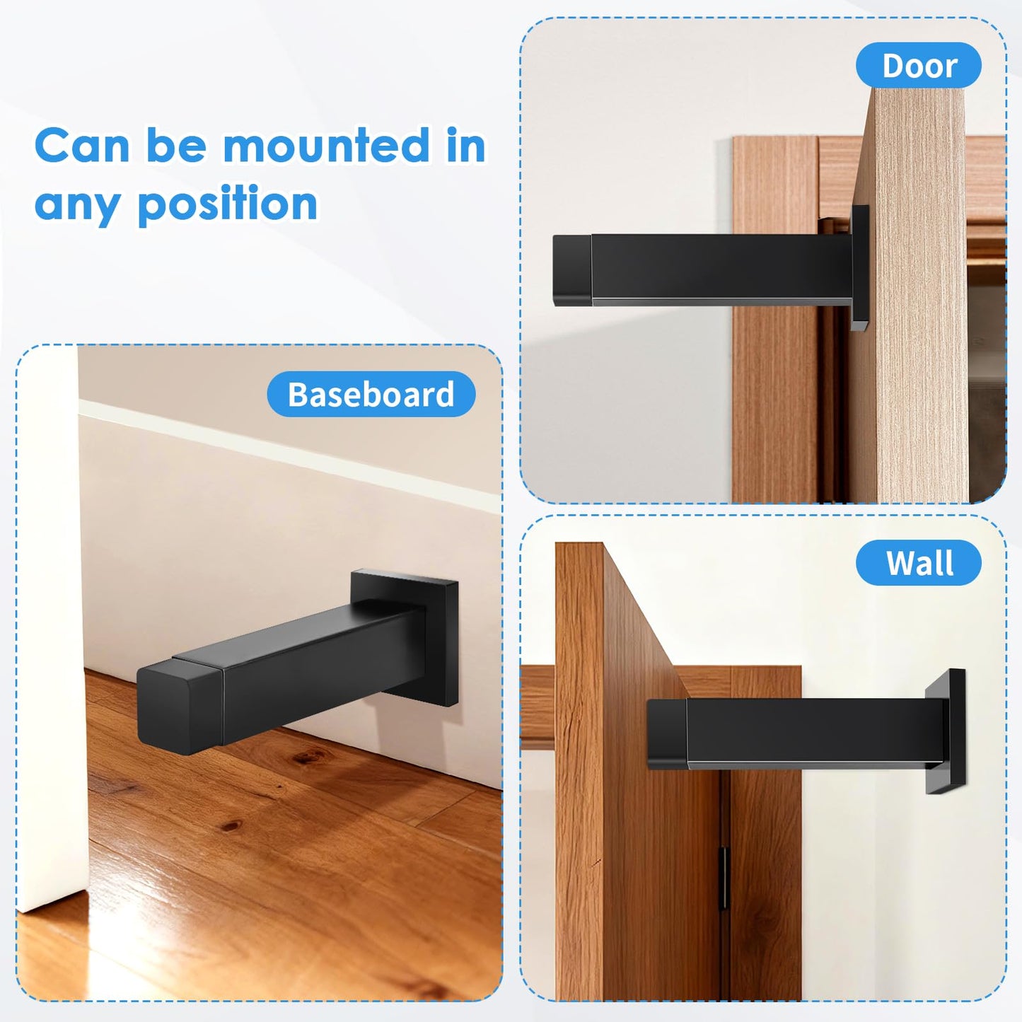 Door Stoppers, Black Door Stops for Wall Doorstop with Rubber Bumper Tips, 2 Pack, Square