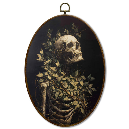JQF Gothic Botanical Skeleton Oval Wall Decor, Dark Cottagecore Oval Canvas Wall Art, Moody Goth Botanical Skull Skeleton Framed Prints Hanging Decor for Home Bedroom Living Room, 8.5x11.5 Inch